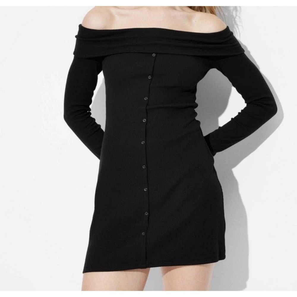 Wild Fable Women's Off Shoulder Long Sleeve Ribbed Black Bodycon Mini Dress Sz-M
